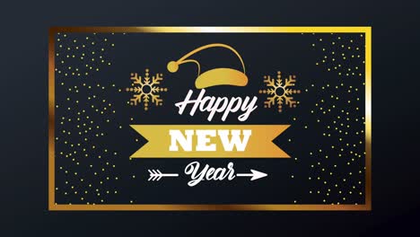 happy new year lettering card with golden hat santa