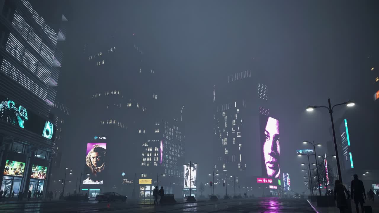 밤에 비가 오는 사이버 크 도시 풍경