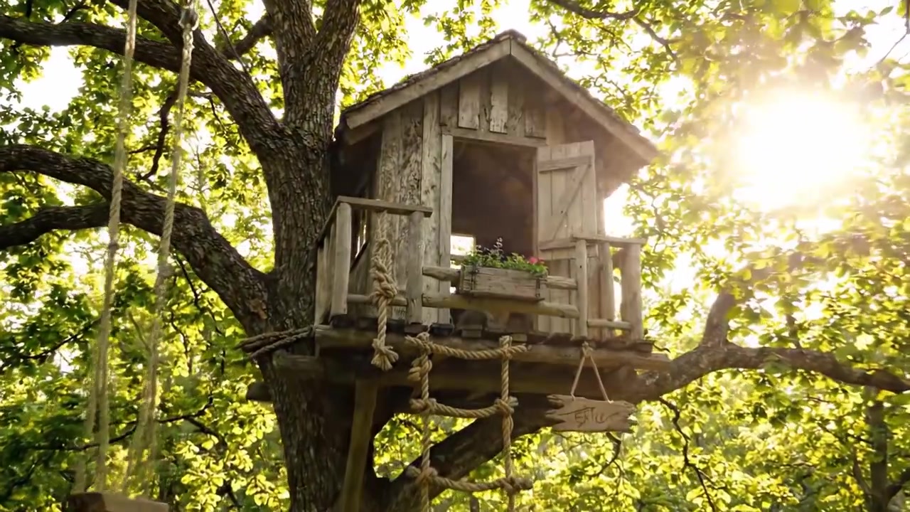 Charmante Boomhut Genesteld Tussen Weelderig Groene Bladeren, Biedt een Gezellig Toevluchtsoord in de Natuur, Perfect voor Avonturen en Serene Ontspanning Omringd door Schoonheid.