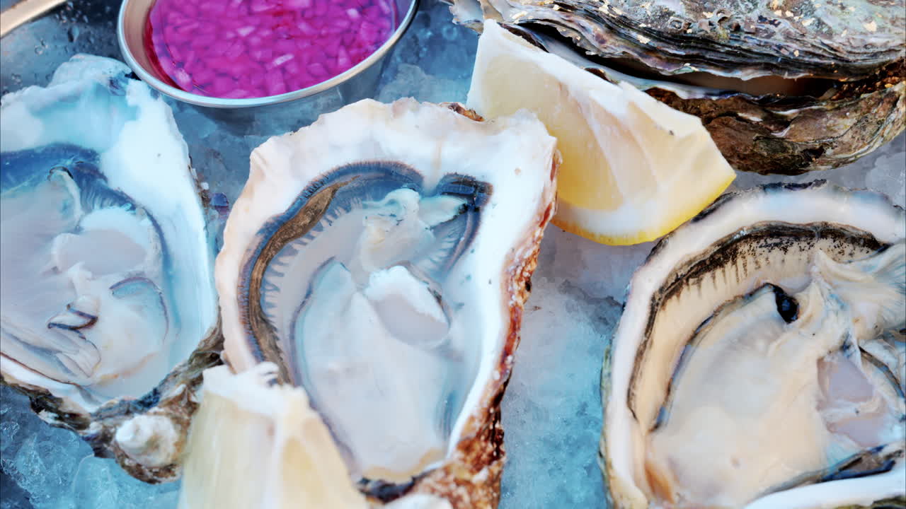 Close up of a bucket with raw oyster with lemons on ice at a restaurant
