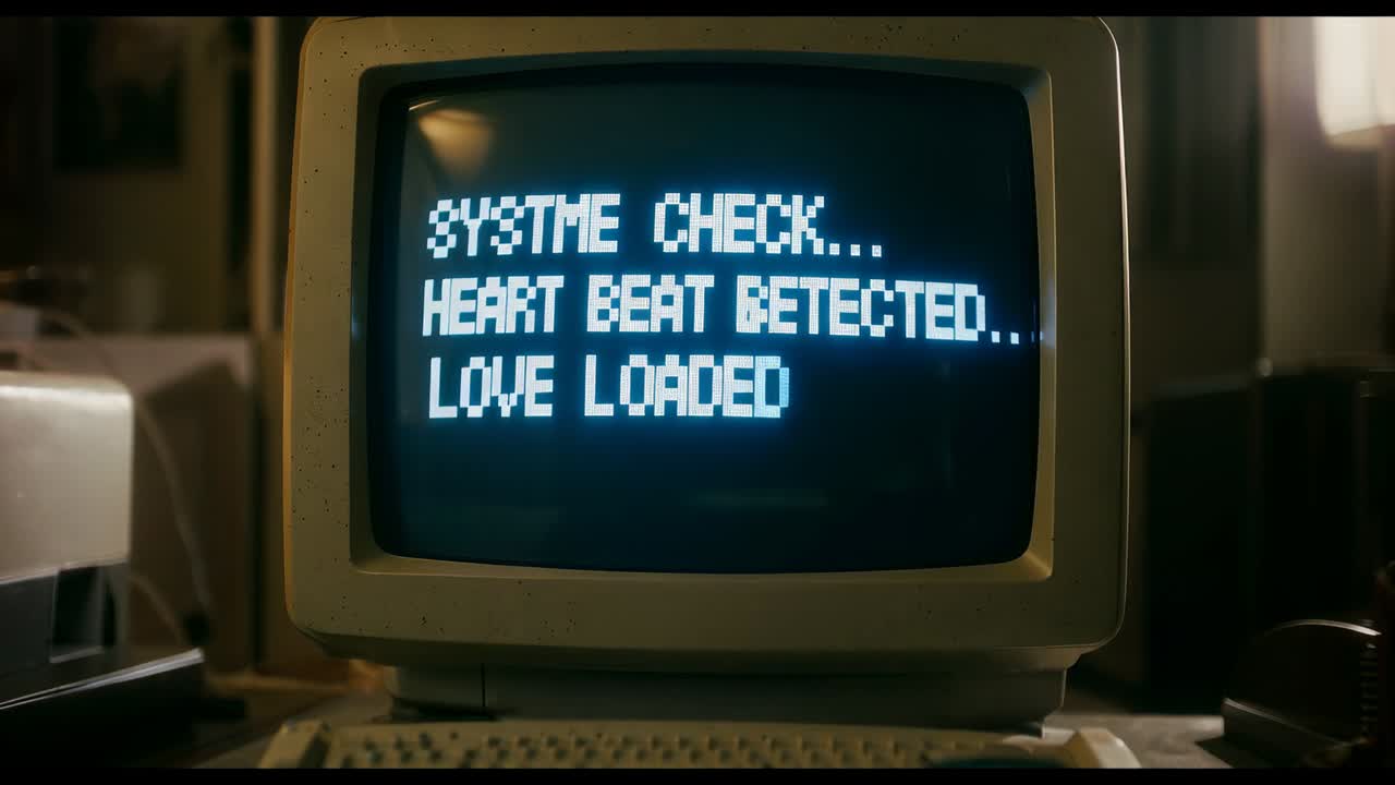 Driver CRT-skærm, der viser opstartscheck, registrerer heartbeat og loader kærlighed derhjemme med nøgler