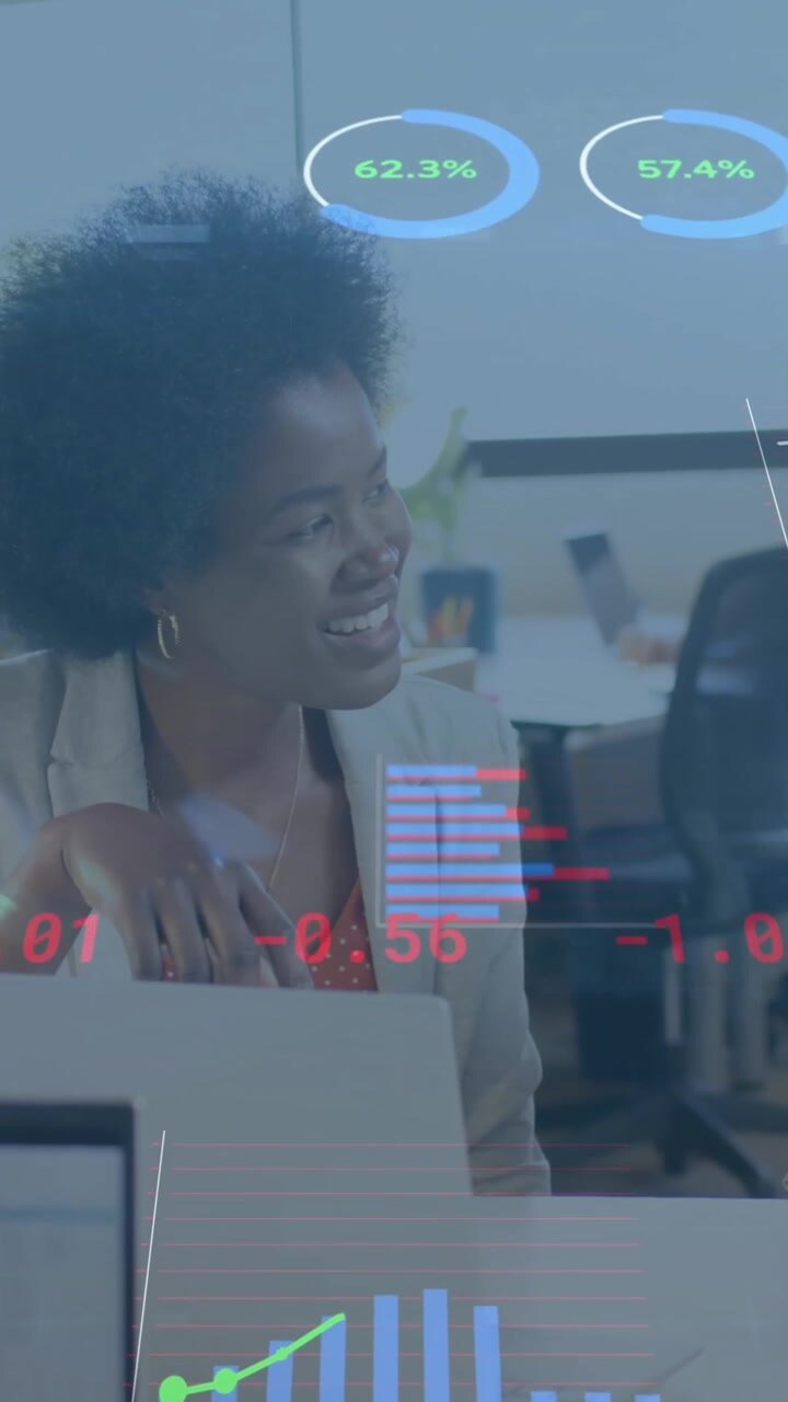 Animation of financial data processing over diverse businesswomen in office