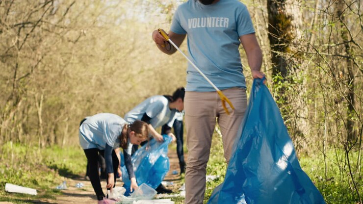 Man activist using tongs to grab garbage and plastic waste
