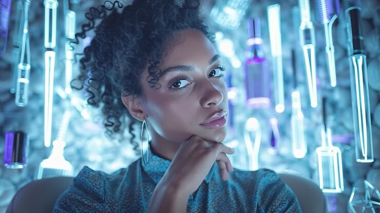 Woman posing thoughtfully against a backdrop of glowing beauty products