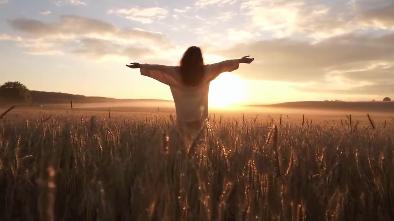 Un video sereno captura a una mujer abrazando el amanecer en un campo de trigo, filmado desde un ángulo bajo.