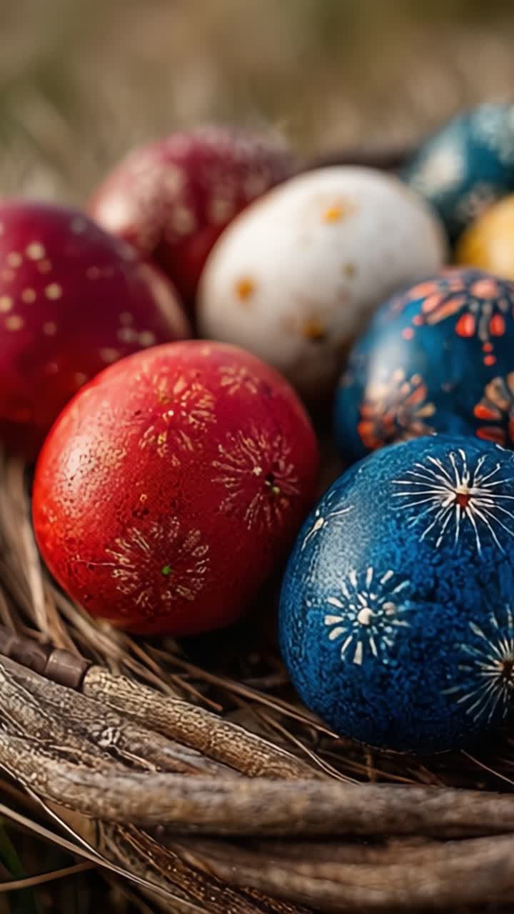 A Beautiful Arrangement of Colorful Easter Eggs in a Natural Basket Setting, Showcasing Intricate Designs and Vibrant Hues Perfect for Spring Celebrations