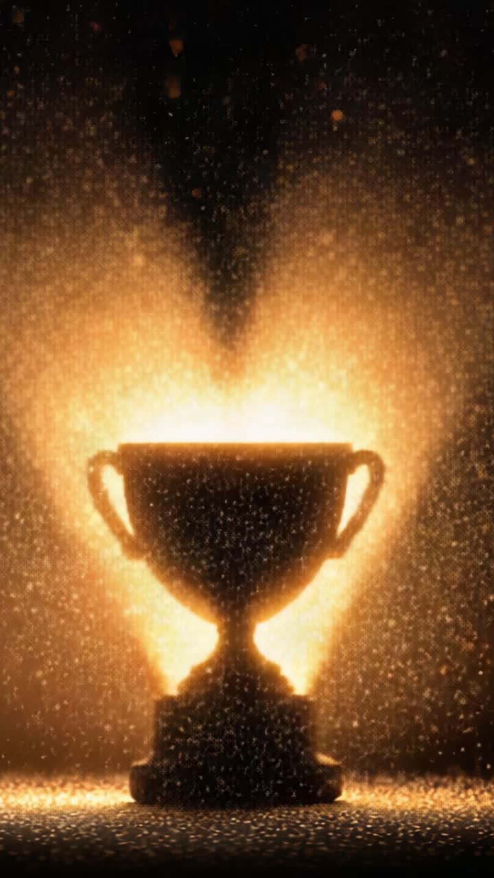 Trofeo illuminato circondato da particelle scintillanti che esemplifica il successo e la realizzazione in un ambiente glamour.