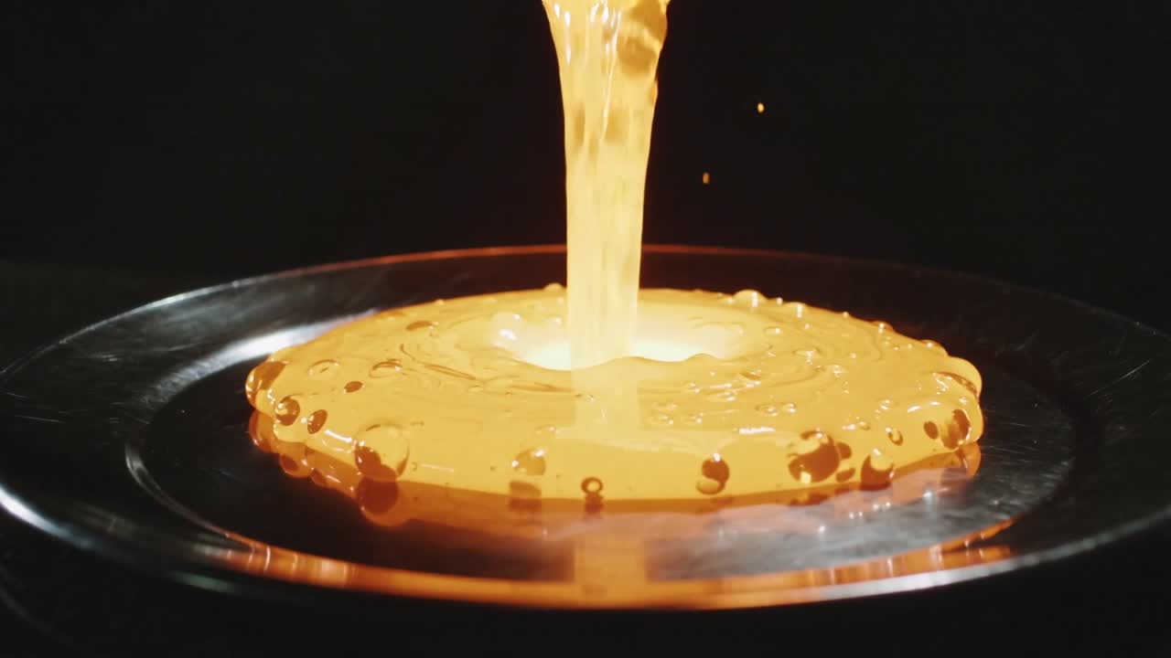 Pouring spout releasing viscous golden liquid forming circular pool on metal tray, with beads