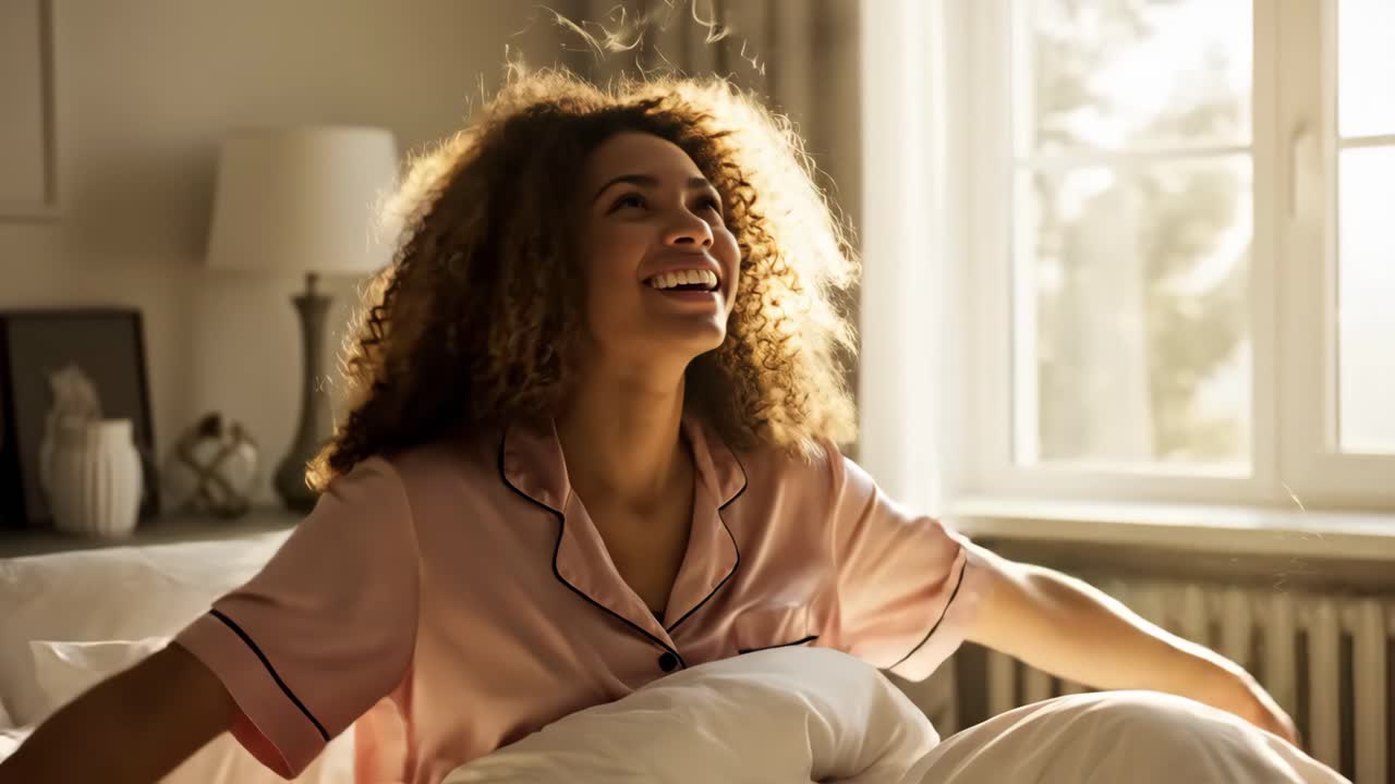 Happy Woman Waking Up in Bed