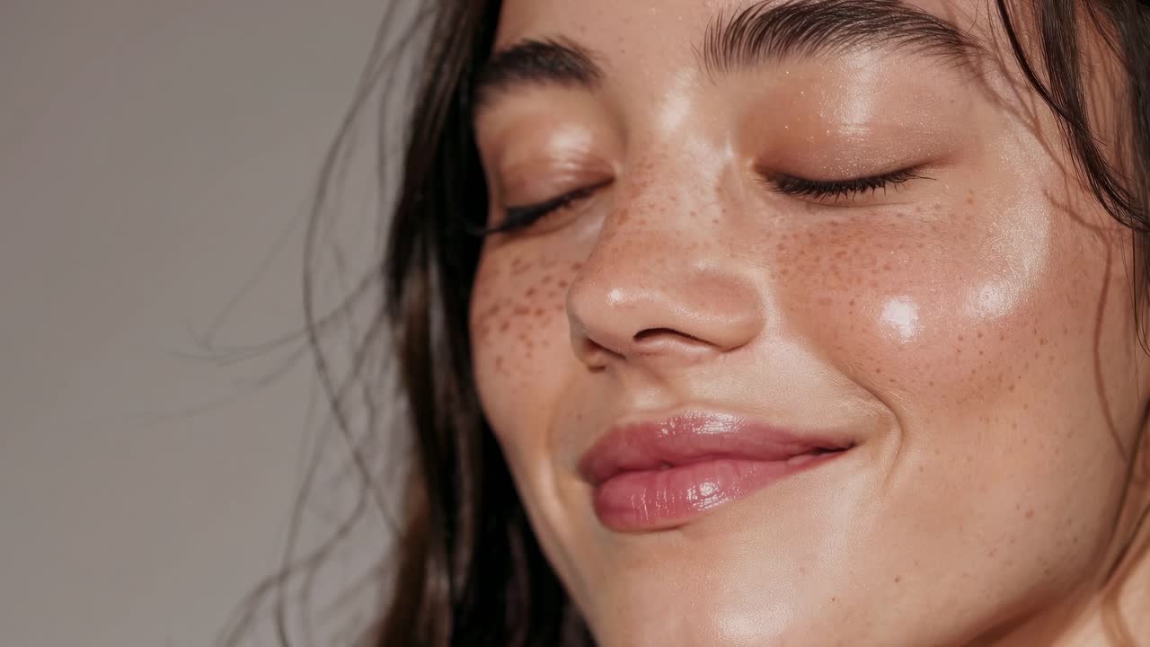 Close-up shot of a woman's radiant skin with natural freckles, highlighting a dewy glow