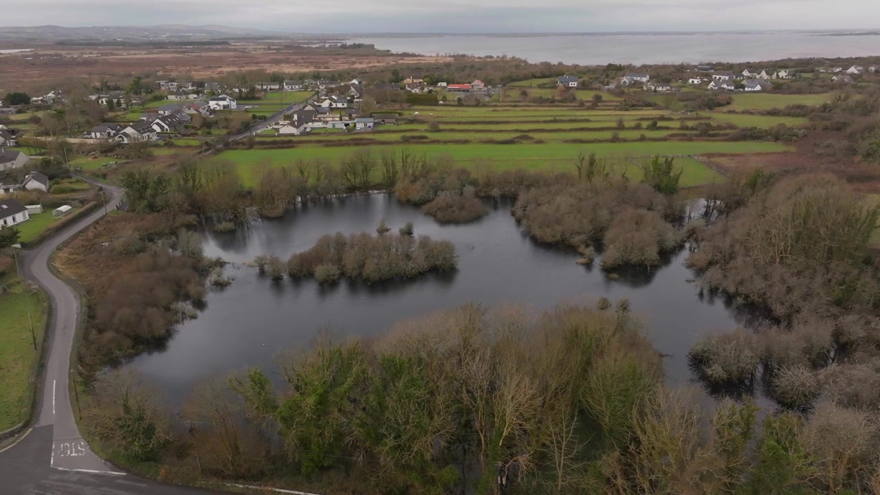 Cinematic aerial shot of a tranquil pond surrounded by trees and green fields in Menlo, Galway, Ireland. Captures the authentic beauty of the Irish landscape.