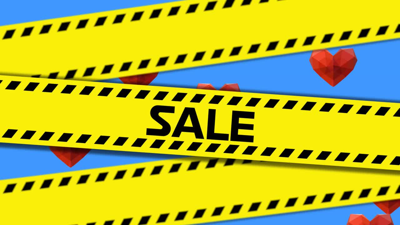 파란색 바탕에 여러 개의 빨간색 심장을 배경으로 판매 텍스트를 가진 노란색 경찰 테이프