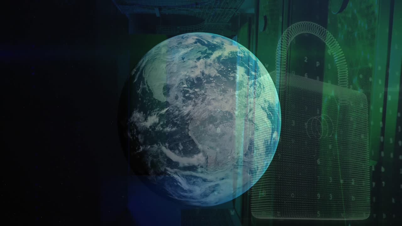 지구의 애니메이션, 보안  ⁇ 락 아이콘 및 컴퓨터 서버 객실에 대한 데이터 처리