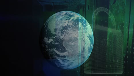 animación del globo, icono de candado de seguridad y procesamiento de datos contra la sala de servidores de computadora