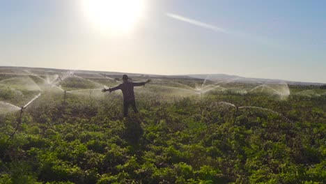 Wet-farmer-in-the-irrigated-agricultural-field-raises-his-arms-in-the-air.-Slow-Motion.