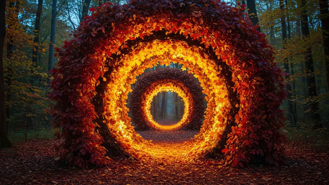 Mesmerizing Pathway of Illuminated Circular Arches Surrounded by Vibrant Autumn Foliage in a Mystical Forest Setting at Dusk