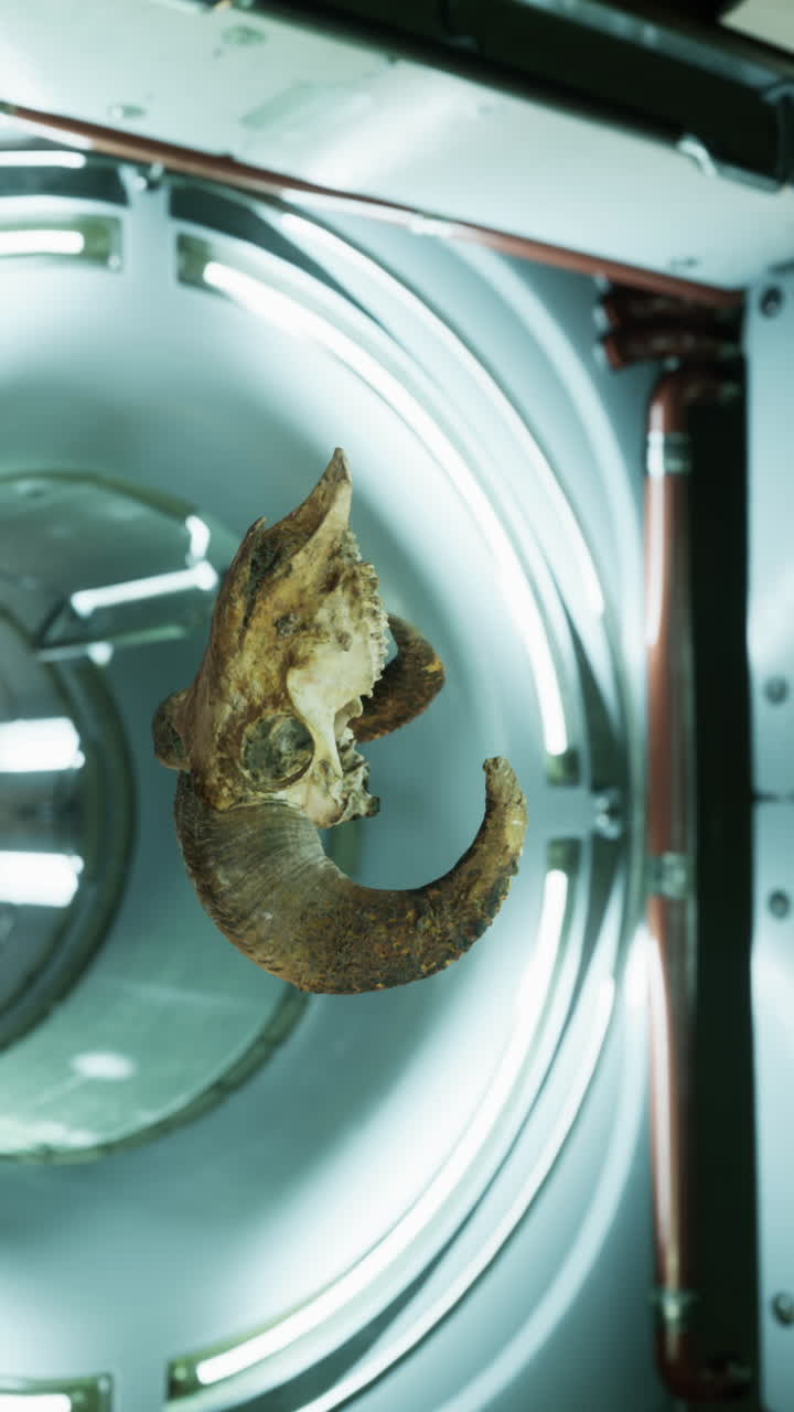 cráneo de carnero flotante en una estación espacial futurista