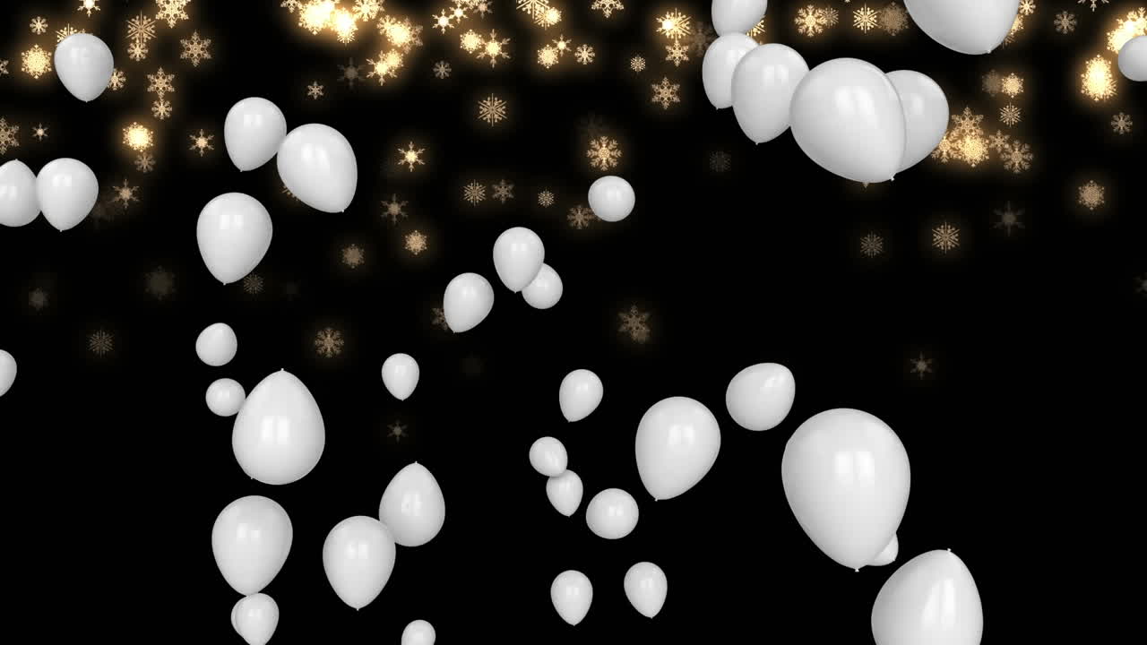 Animation of white balloons and snow falling over black background