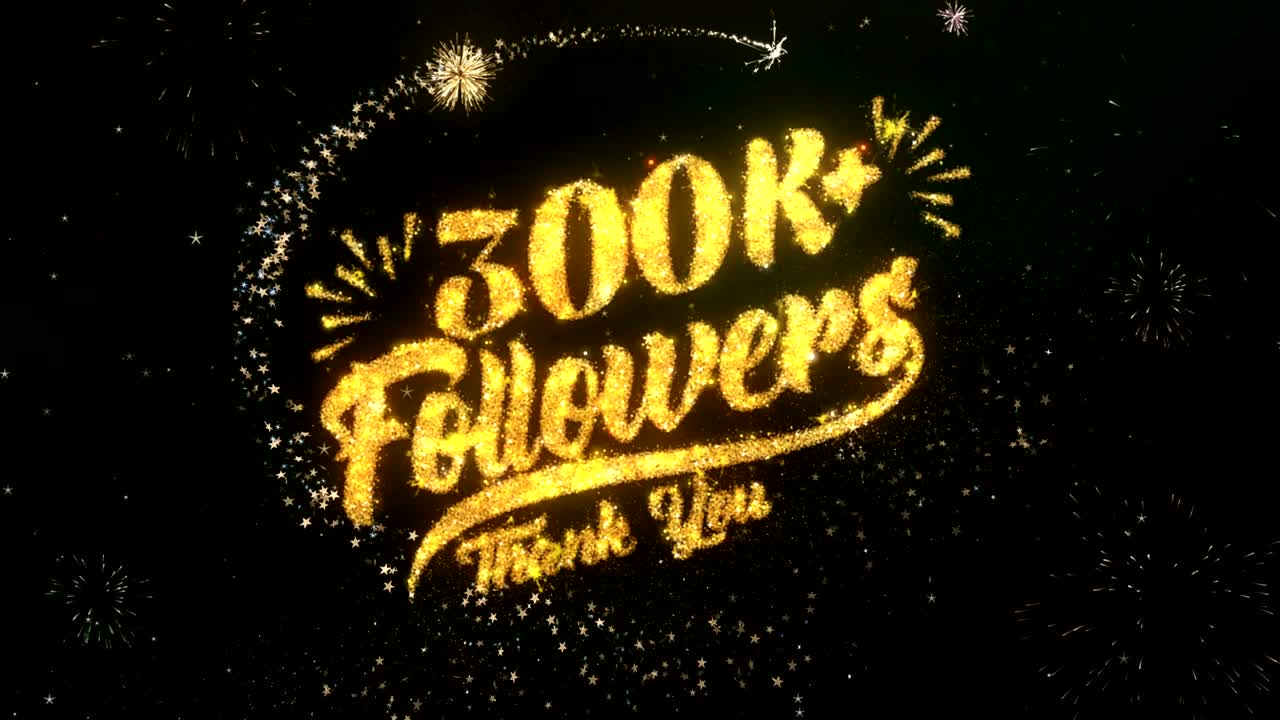 300k 추종자 인사 및 희망 카드는 반이는 입자 및 반이는 빛의 어두운 밤 하늘과 다채로운 불꽃놀이 4k 배경으로 만들어졌습니다.