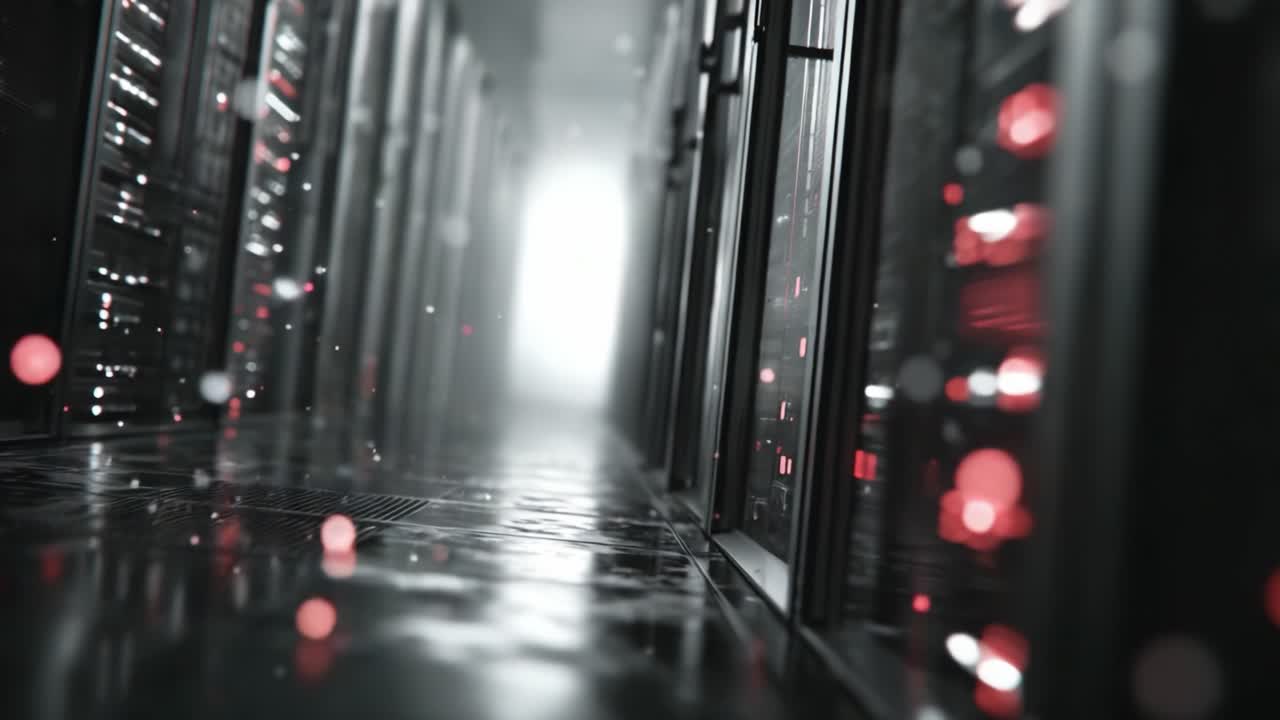 A Gate to Digital Infinity: Exploring the Depths of a Vibrant Server Room Surrounded by Glowing Data Cables and Bright Lights