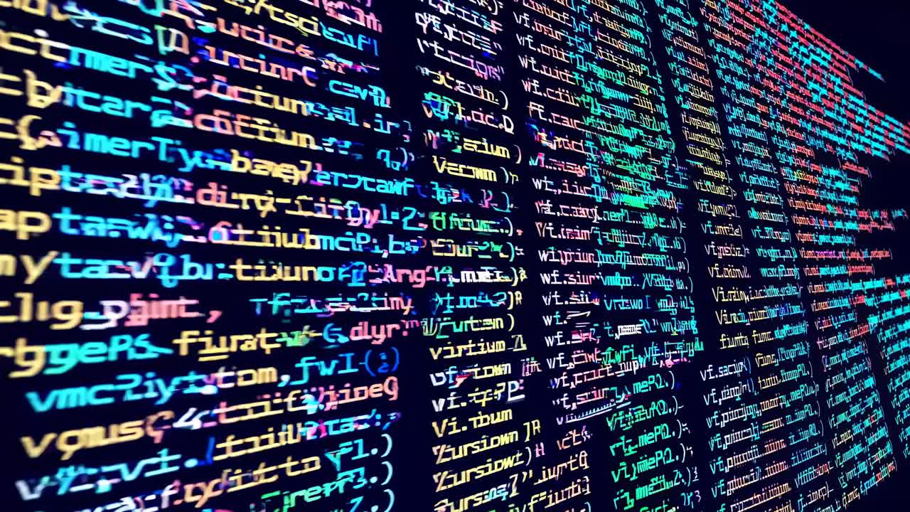 Dynamic video concept with colorful code on a screen, captured at a tilted angle, creating a sense
