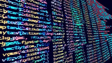 dynamic video concept with colorful code on a screen, captured at a tilted angle, creating a sense