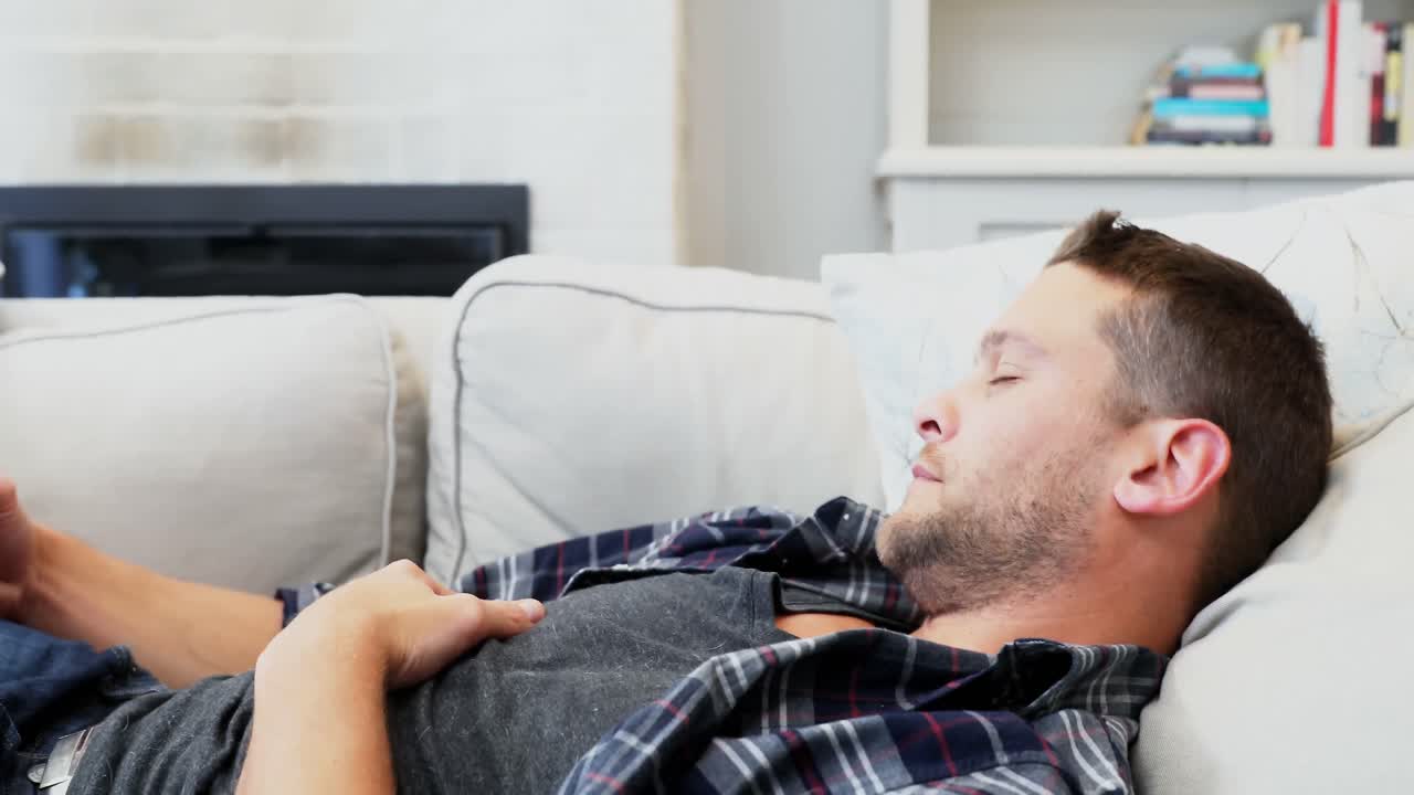 Uomo con carlino rilassato sul divano 4k