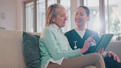 Senior-care,-old-woman-and-caregiver-on-sofa