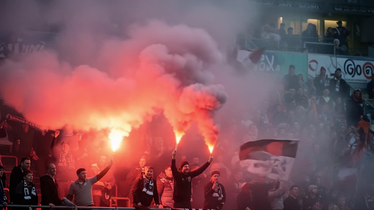 Passionate Fans Create Electric Atmosphere with Flares and Smoke at Stadium, Celebrating Their Team's Spirit in a Dazzling Display of Unity and Excitement
