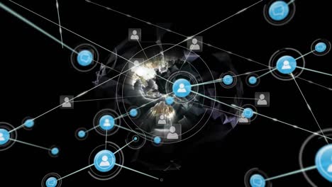 Animation of network of connections with icons over black background