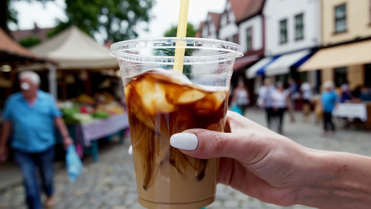 Hand holding iced coffee at an outdoor market
