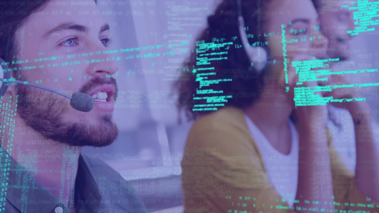 Animation of data processing over diverse business people wearing phone headsets