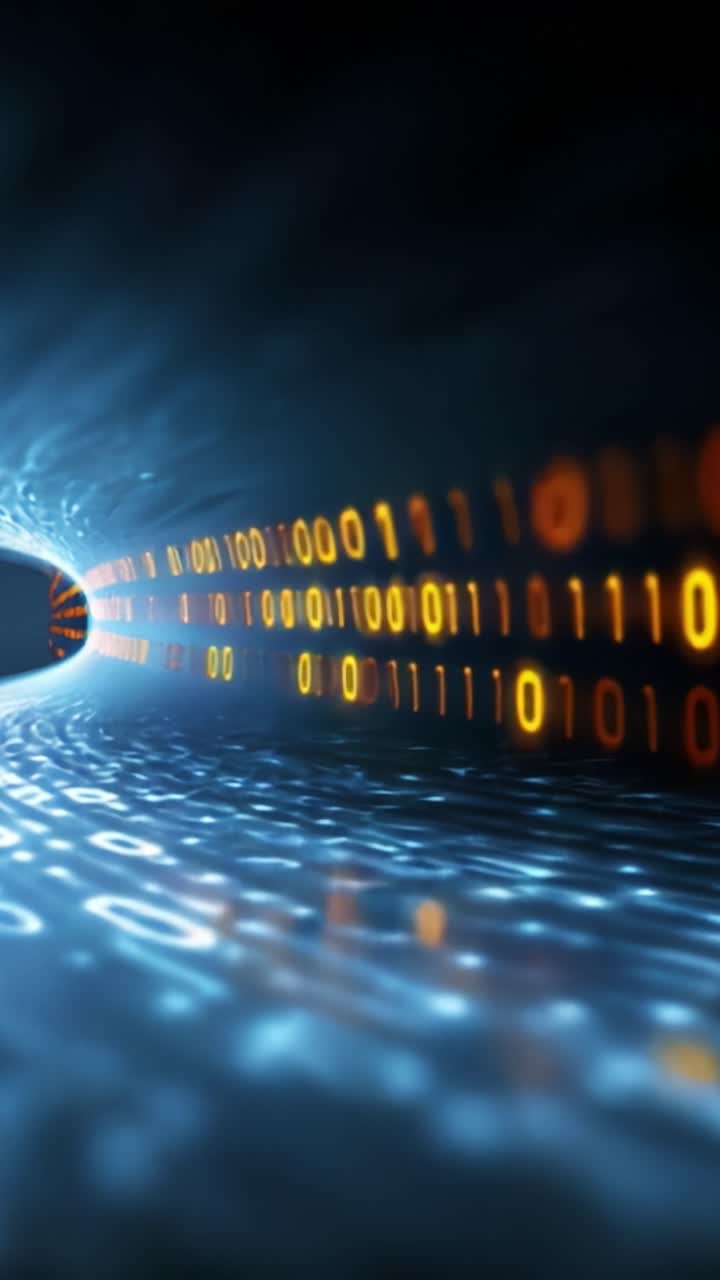 A mesmerizing tunnel of digital binary code that represents the dynamic movement and flow of data processing in modern technology and computing systems