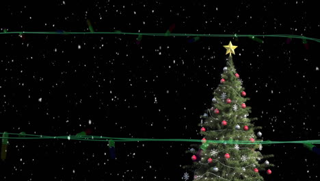 coloured string lights flashing over christmas tree and falling snow in night sky