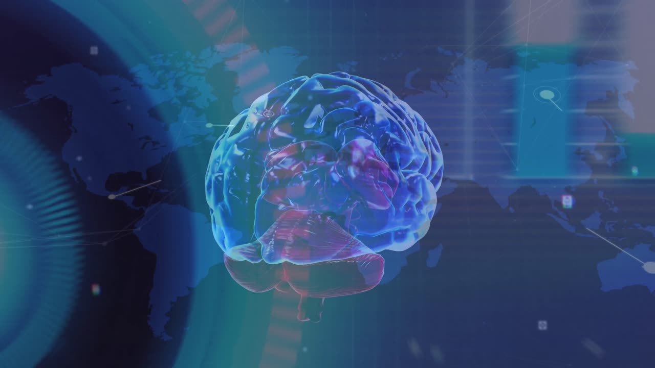 animación del cerebro humano, procesamiento de datos sobre el mapa del mundo