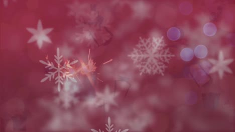 Animation-of-snow-falling-over-fireworks-and-lights