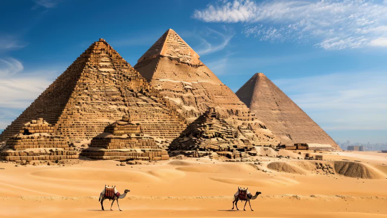 Una splendida immagine grandangolare delle piramidi sotto un cielo blu, che cattura la maestosità antica