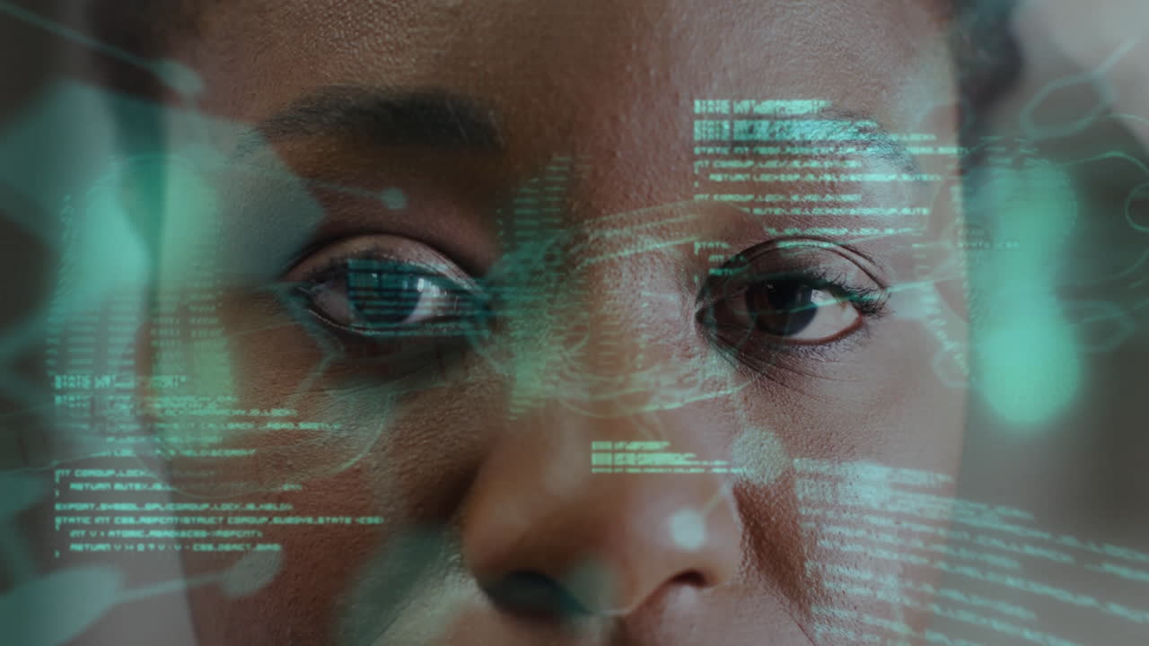 animazione di molecole con cervello e elaborazione di dati su donna afroamericana