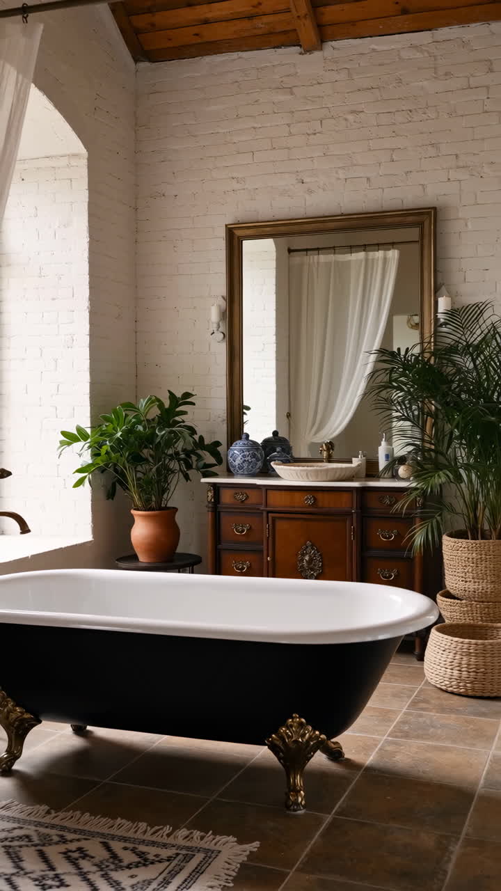 Elegant Bathroom Interior with Clawfoot Tub and Vintage Vanity