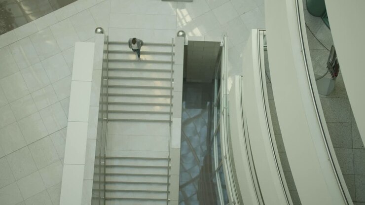 Uma pessoa descendo escadas num edifício moderno e limpo