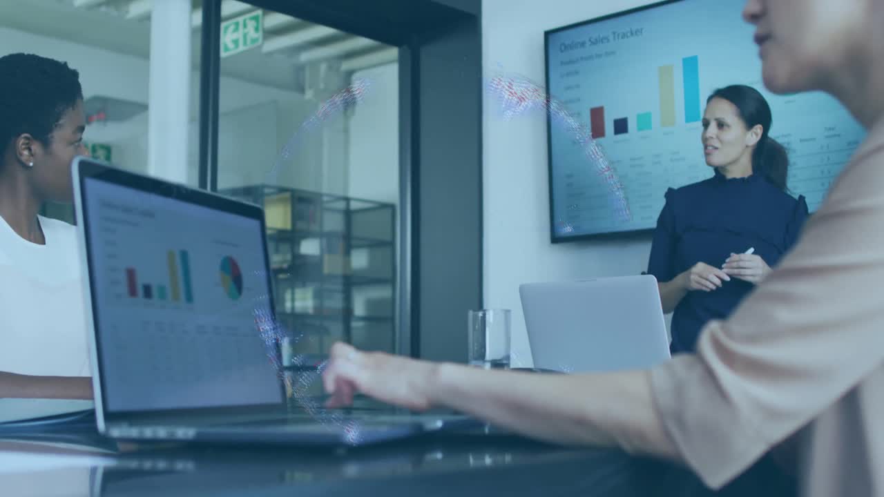 Animation of globe over diverse business people in office
