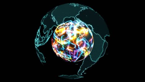 mapa del mundo digital luz azul y abstracto colorido núcleo poderosa energía arco iris