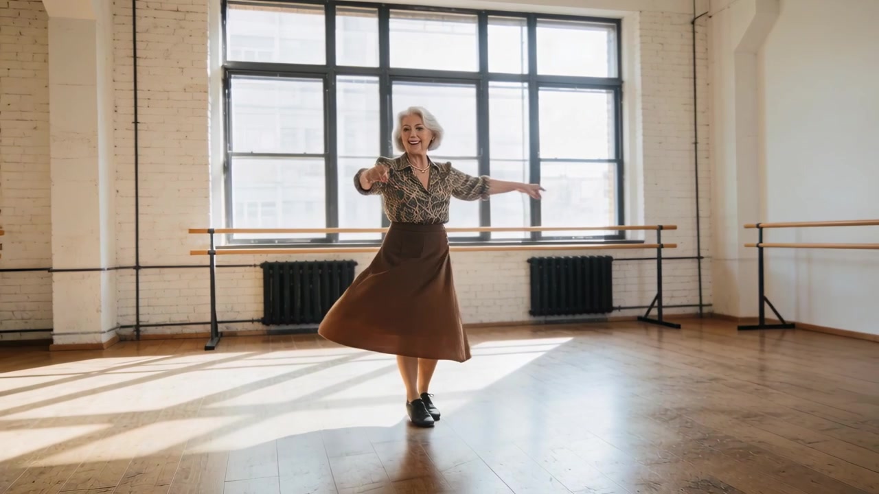 En spinnende eldre kvinne starter i senterposisjon, snur med klokken og øver i et studio, mens skjørtet hennes vises.