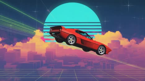 retrowave flying sports car over neon cityscape