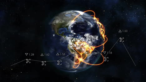 Animation-of-charts-processing-data-over-globe-with-glowing-orange-network-in-space