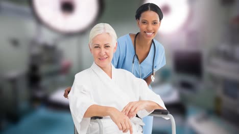 animation of happy senior caucasian female patient with biracial female doctor over hospital