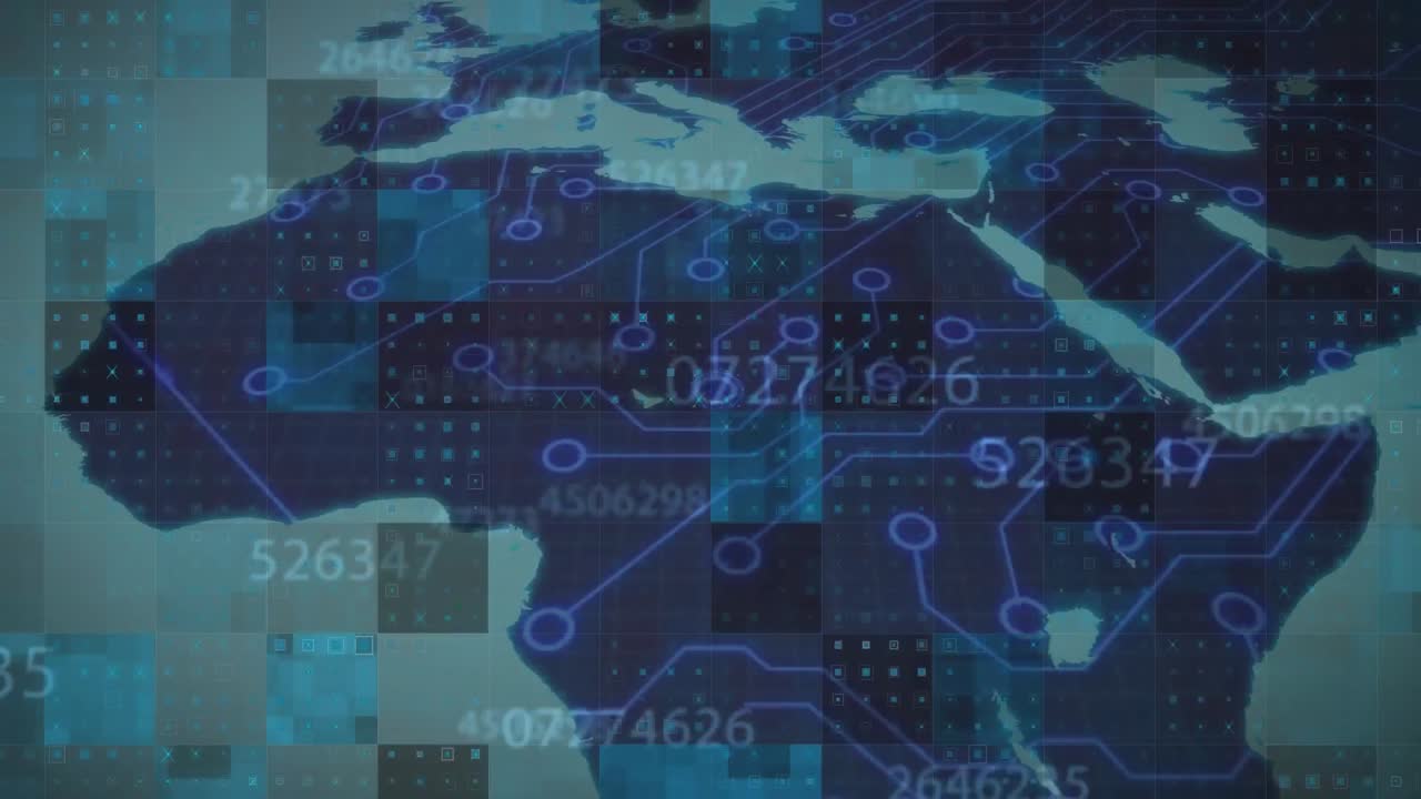 Multiple numbers changing against microprocessor connections on world map