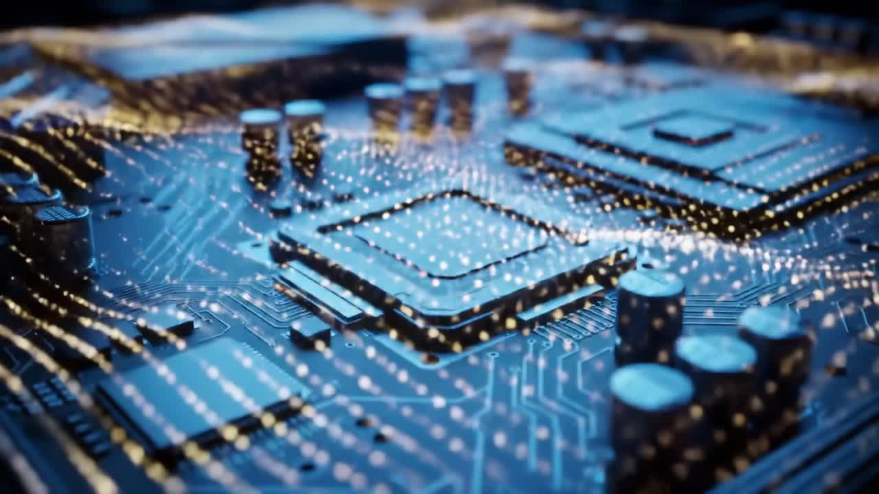 Close-up Exploration of a Circuit Board Featuring Intricate Microprocessor Designs and Dynamic LED Patterns, Highlighting the Future of Technology and Electronics