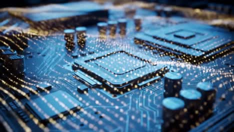 close-up exploration of a circuit board featuring intricate microprocessor designs and dynamic led patterns, highlighting the future of technology and electronics