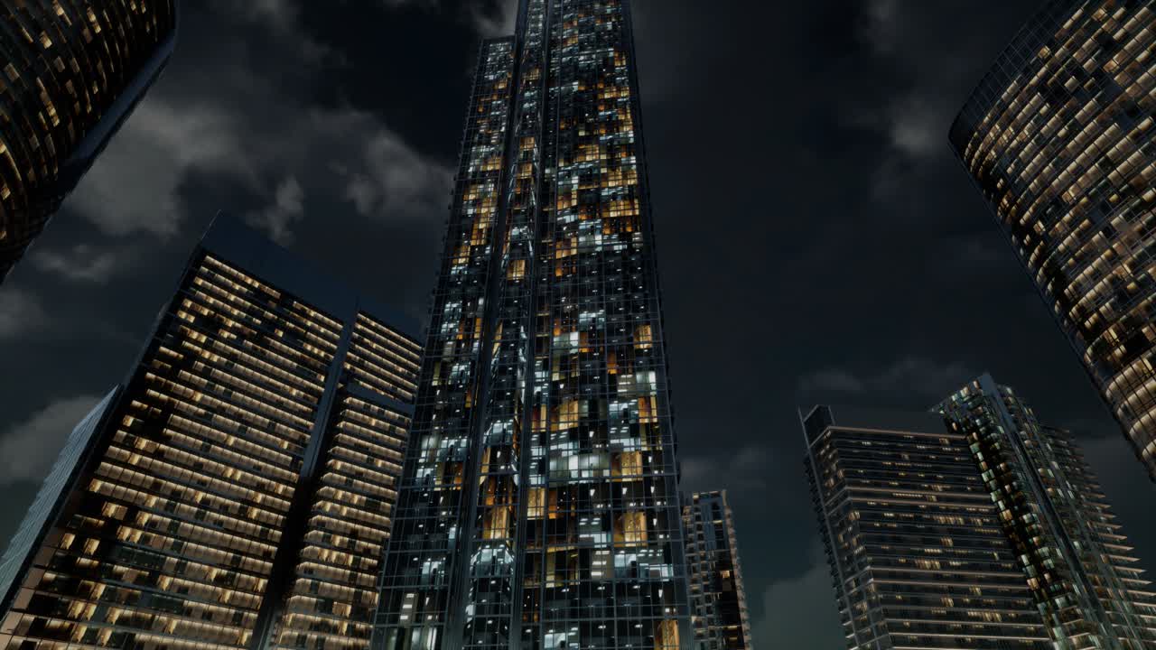 edificios de oficinas de rascacielos de vidrio con cielo oscuro